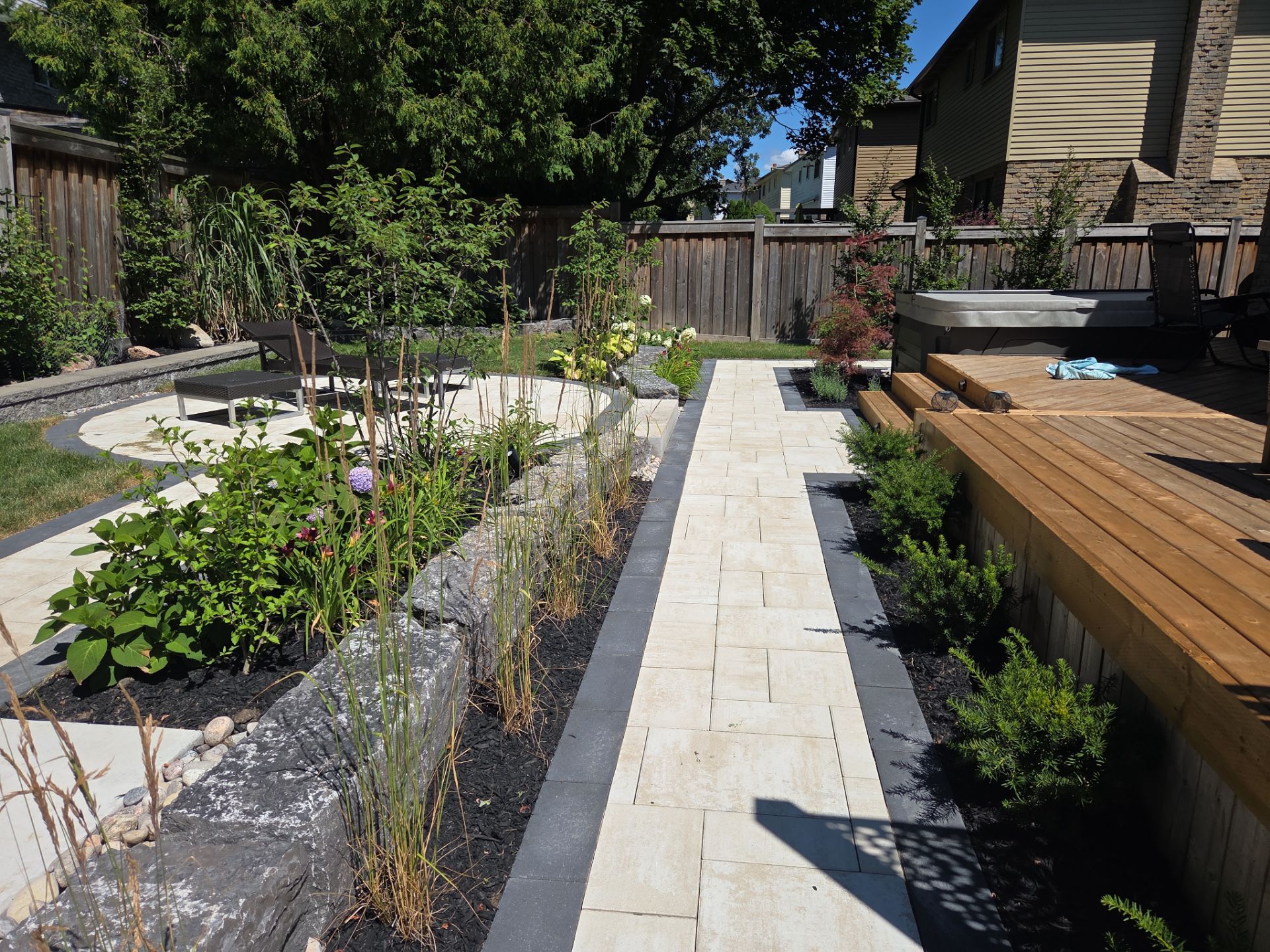Backyard patio with plants and stone walkway.