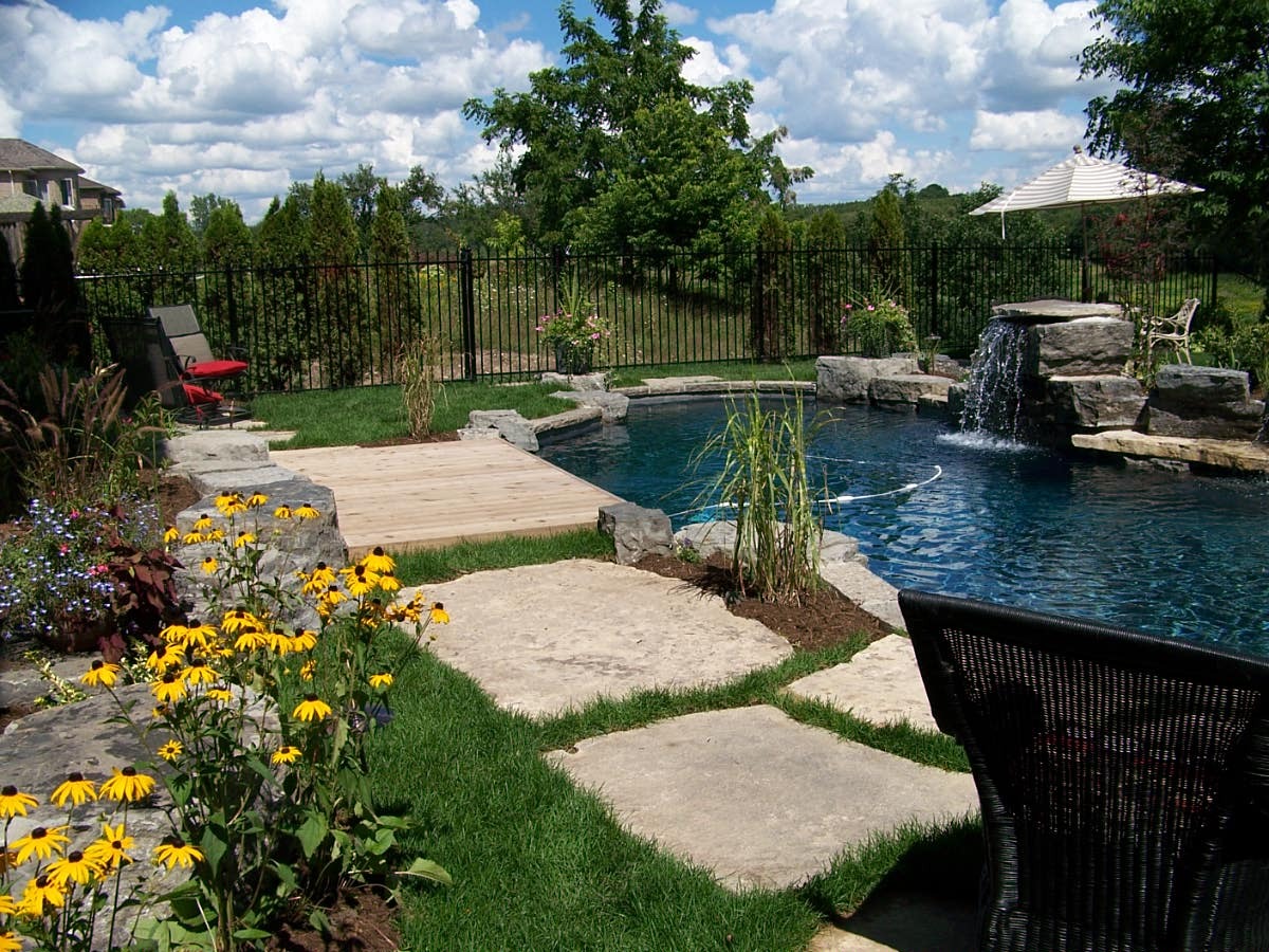 Backyard pool with waterfall and flowers