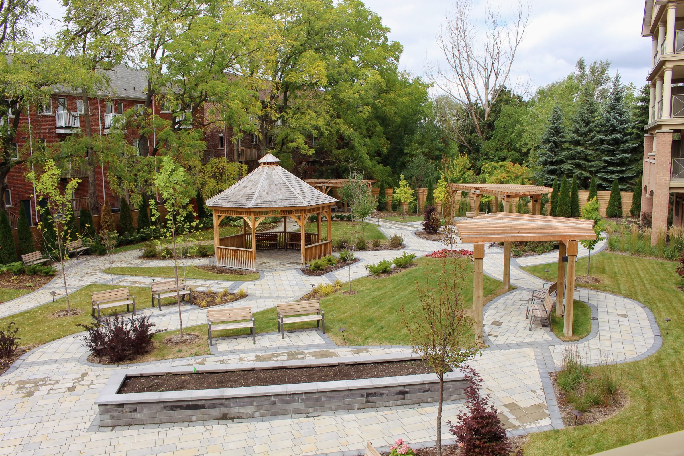 Community garden with gazebo and pathways