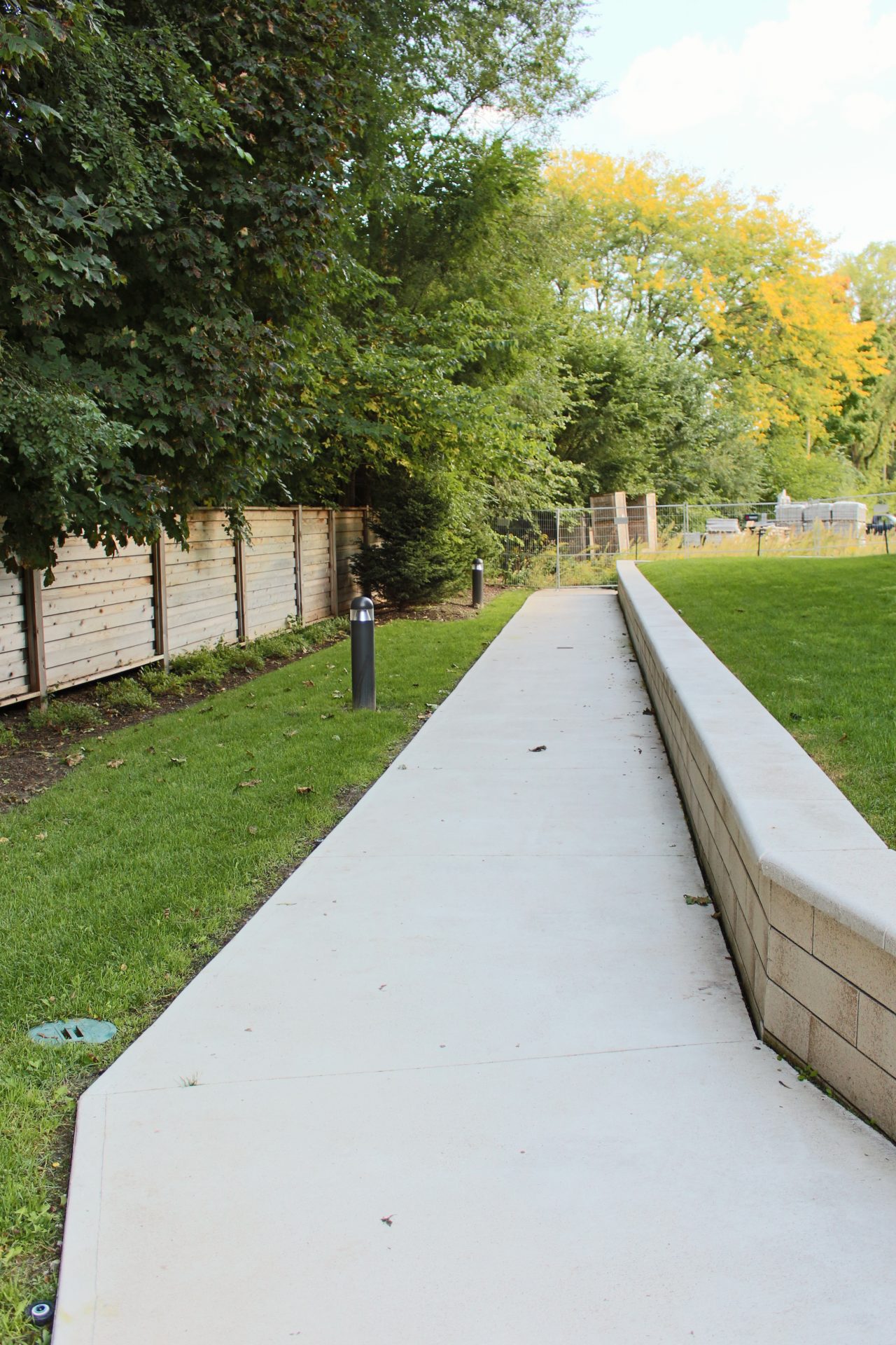 Pathway through park lined with trees and fence