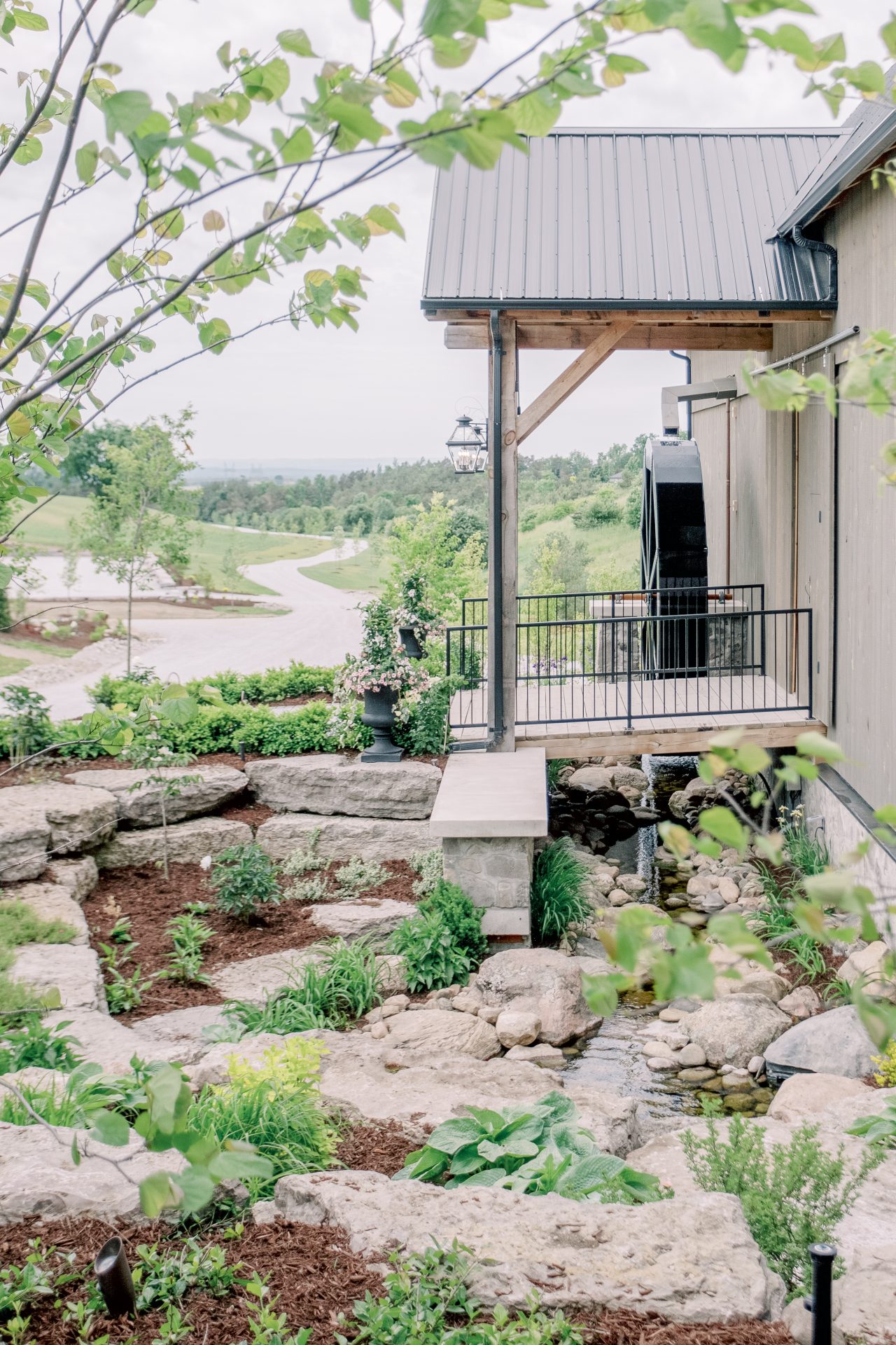 Rustic landscape with stone garden and pathway view.