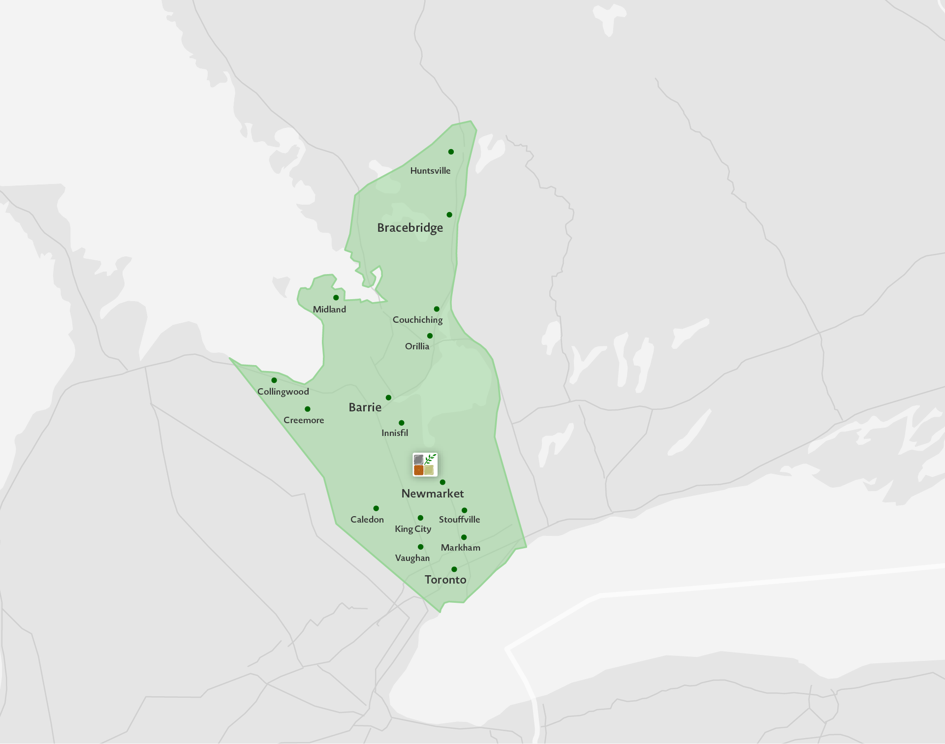 Map highlighting Barrie, Newmarket, Toronto area.