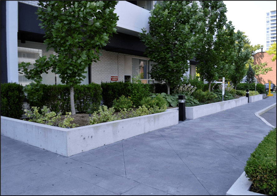 Modern building entrance with landscaped greenery