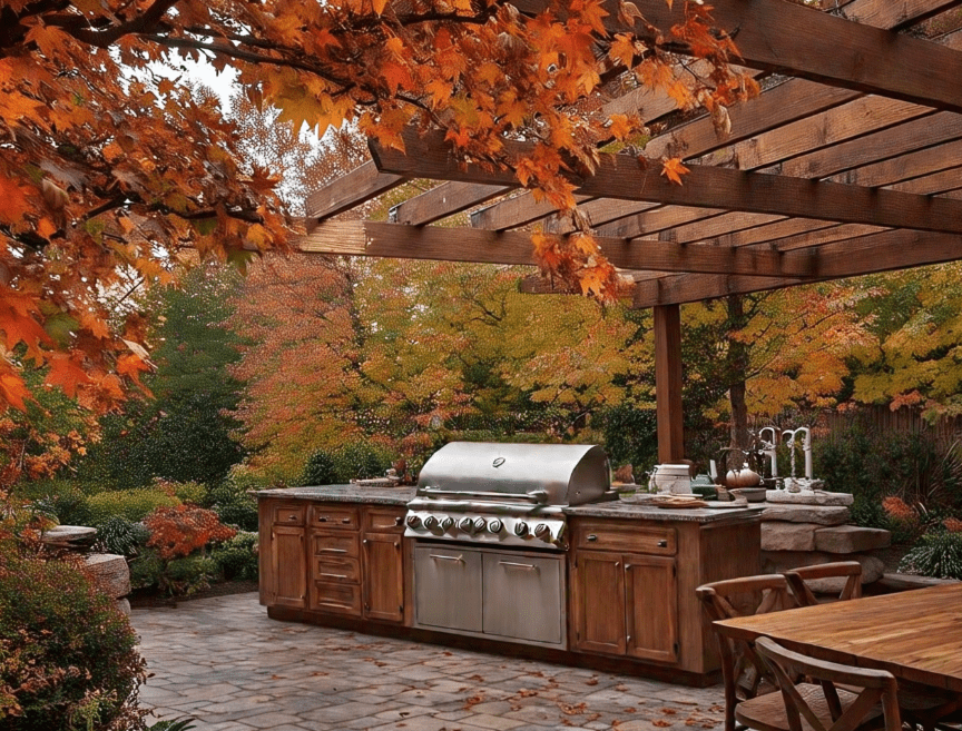 Outdoor grill under pergola in autumn setting