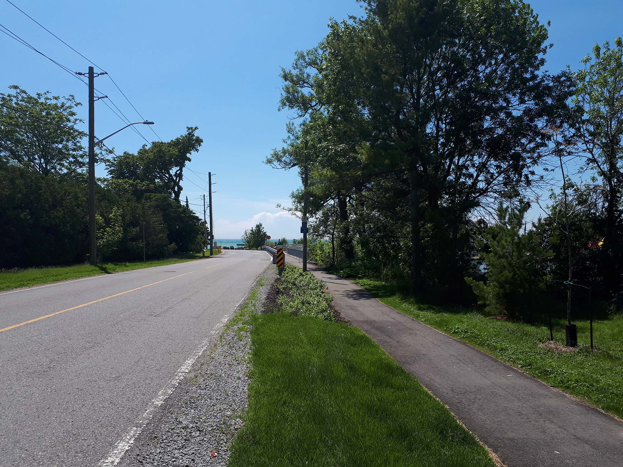 Sunny rural road with trees and bike path.