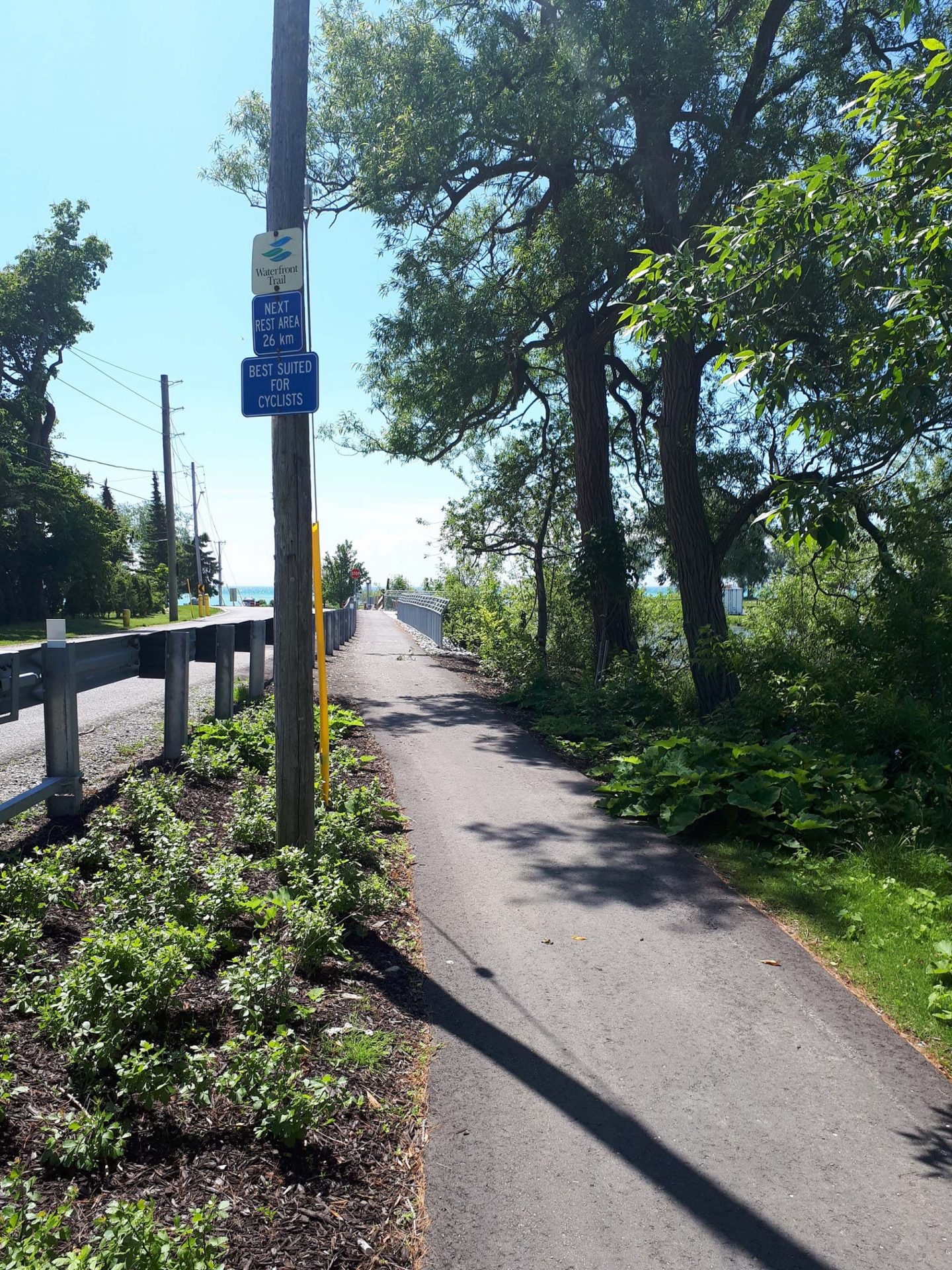 Paved trail with cyclist sign and trees