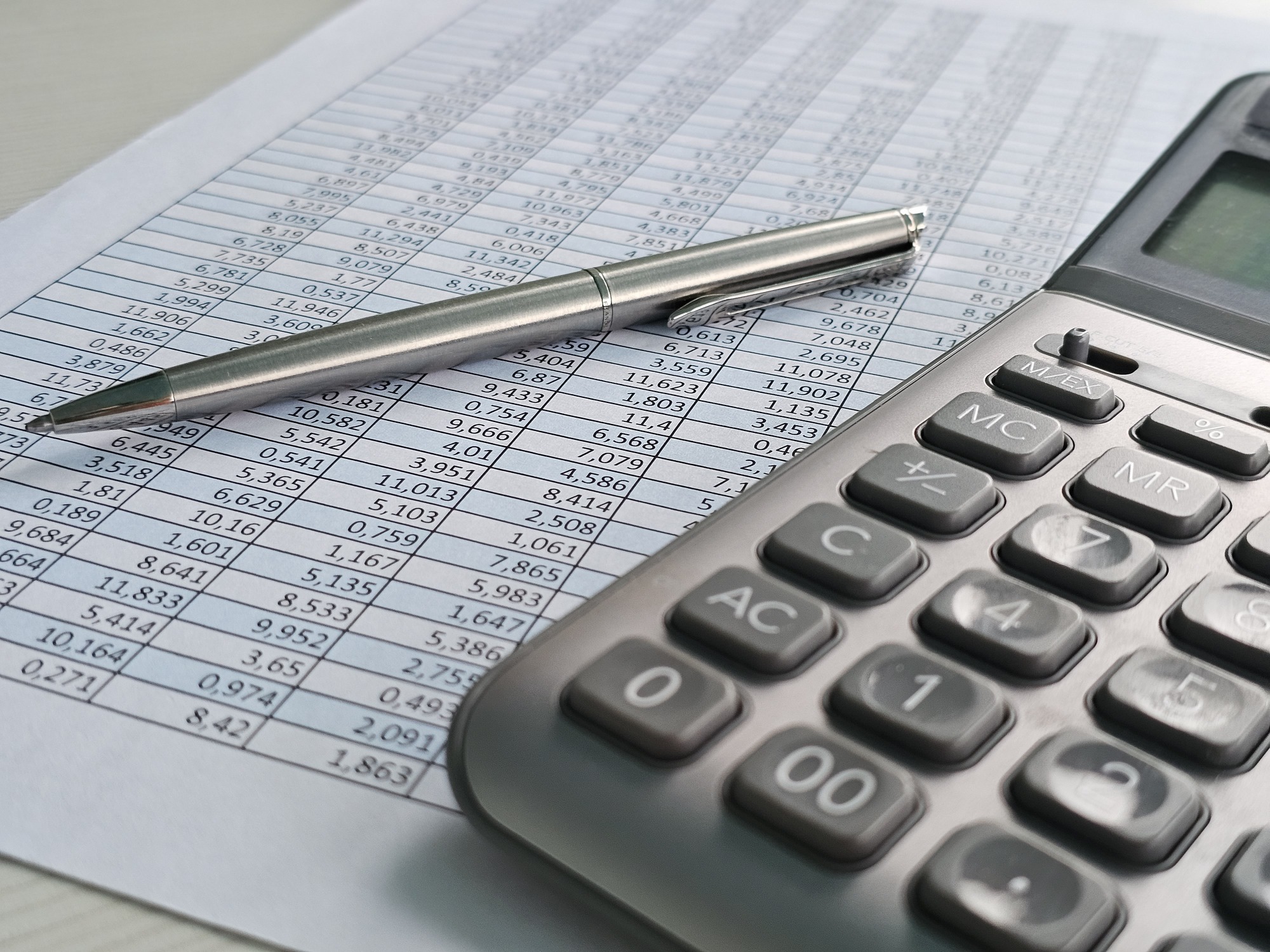Calculator and pen on financial spreadsheet