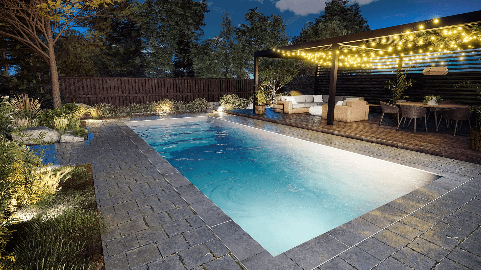 Outdoor pool with gazebo and string lights at night.