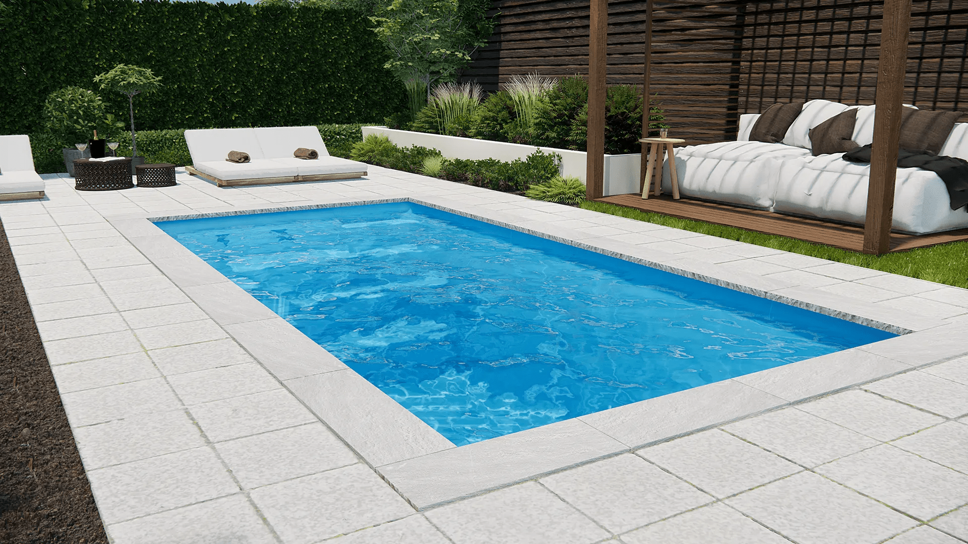 Modern backyard pool with lounge chairs and greenery.