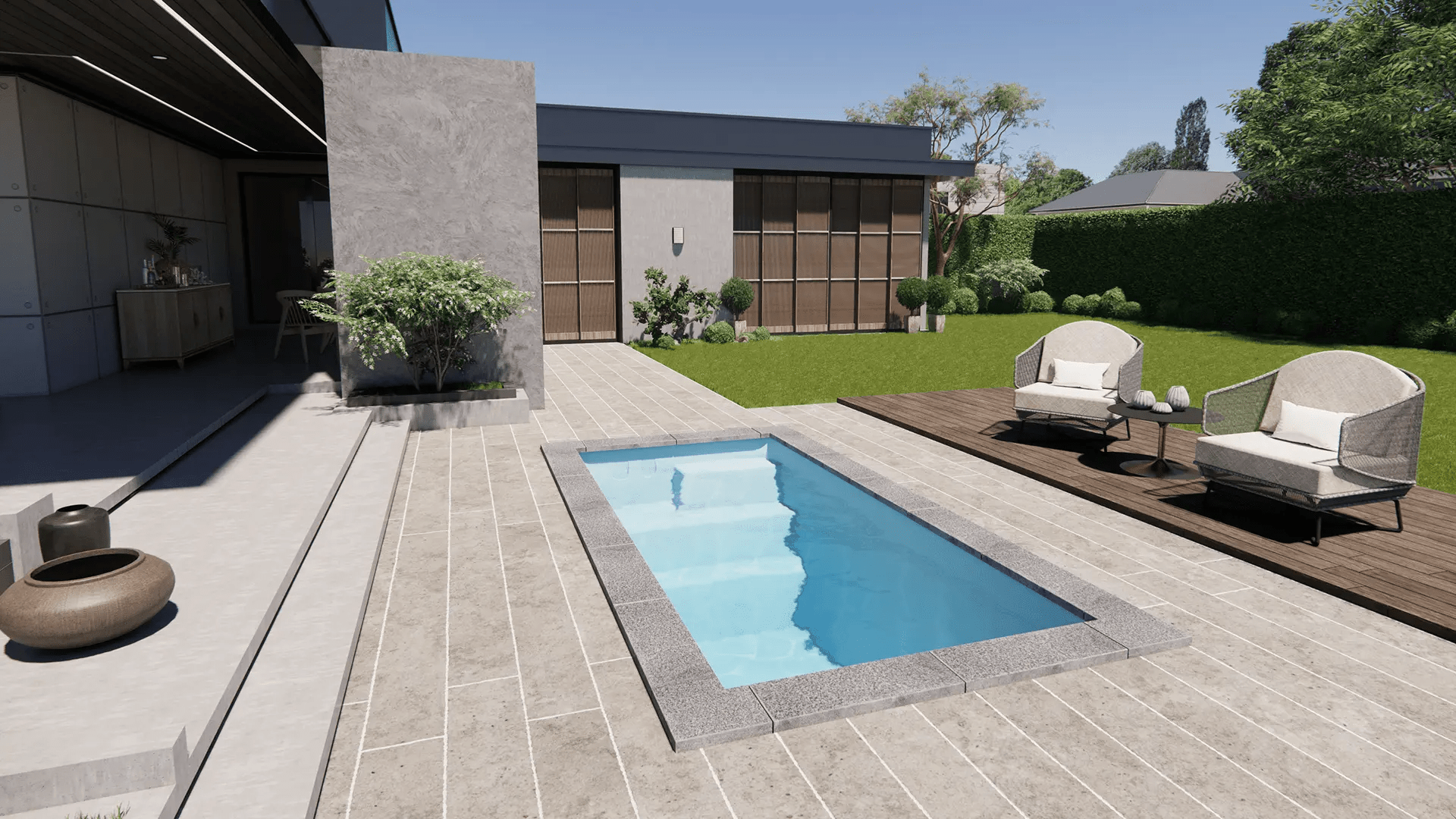 Modern backyard with pool and patio chairs