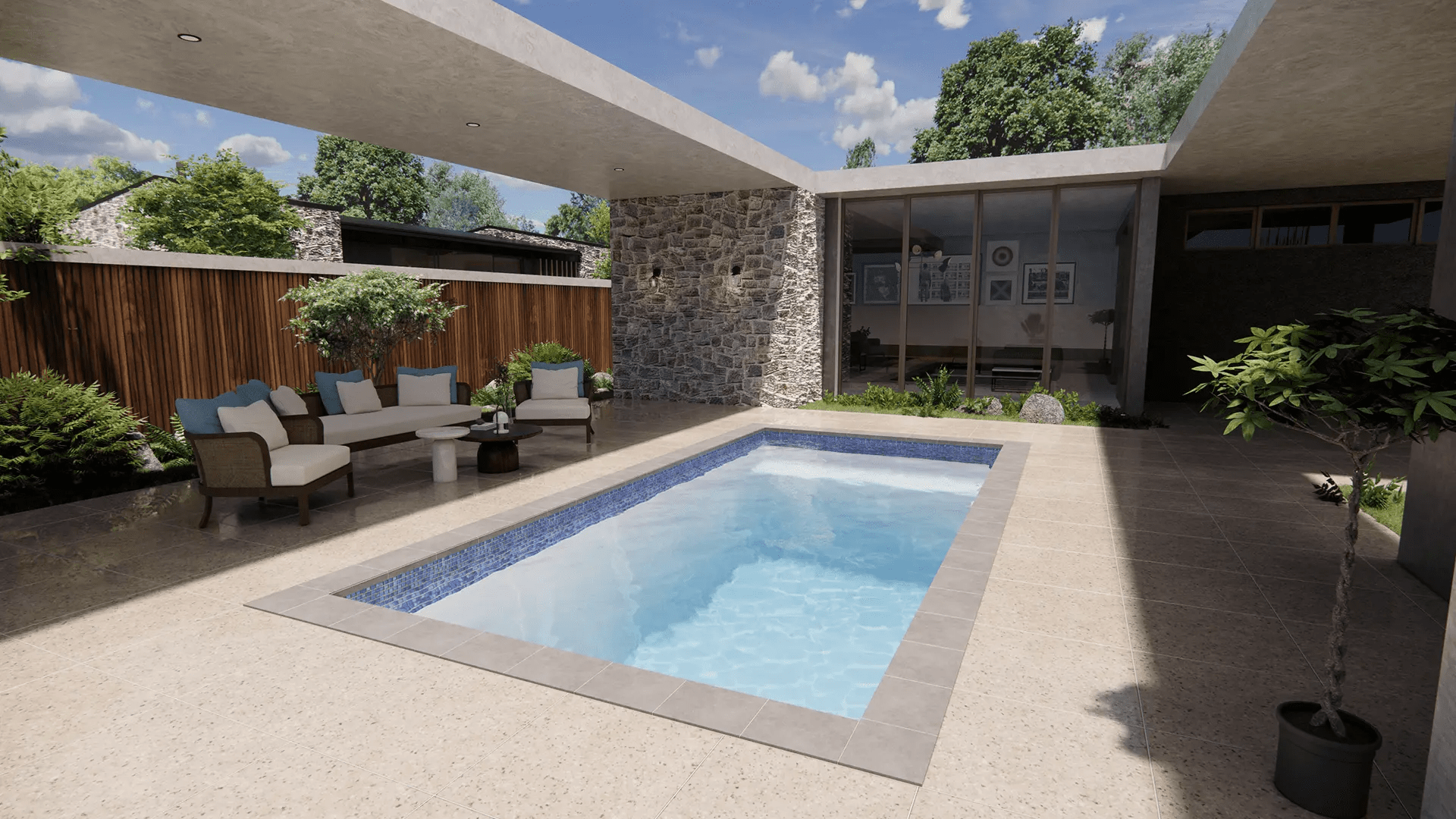 Modern patio with small swimming pool and seating area.
