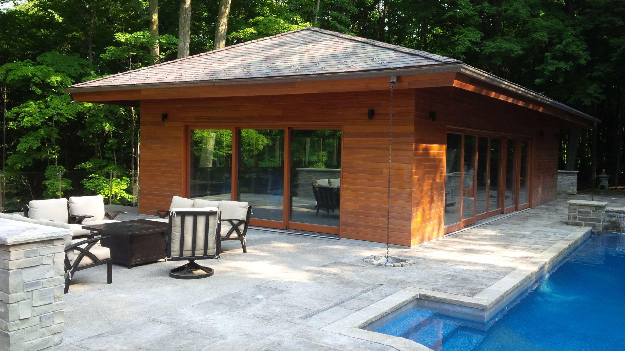 Modern outdoor pavilion with patio and pool area